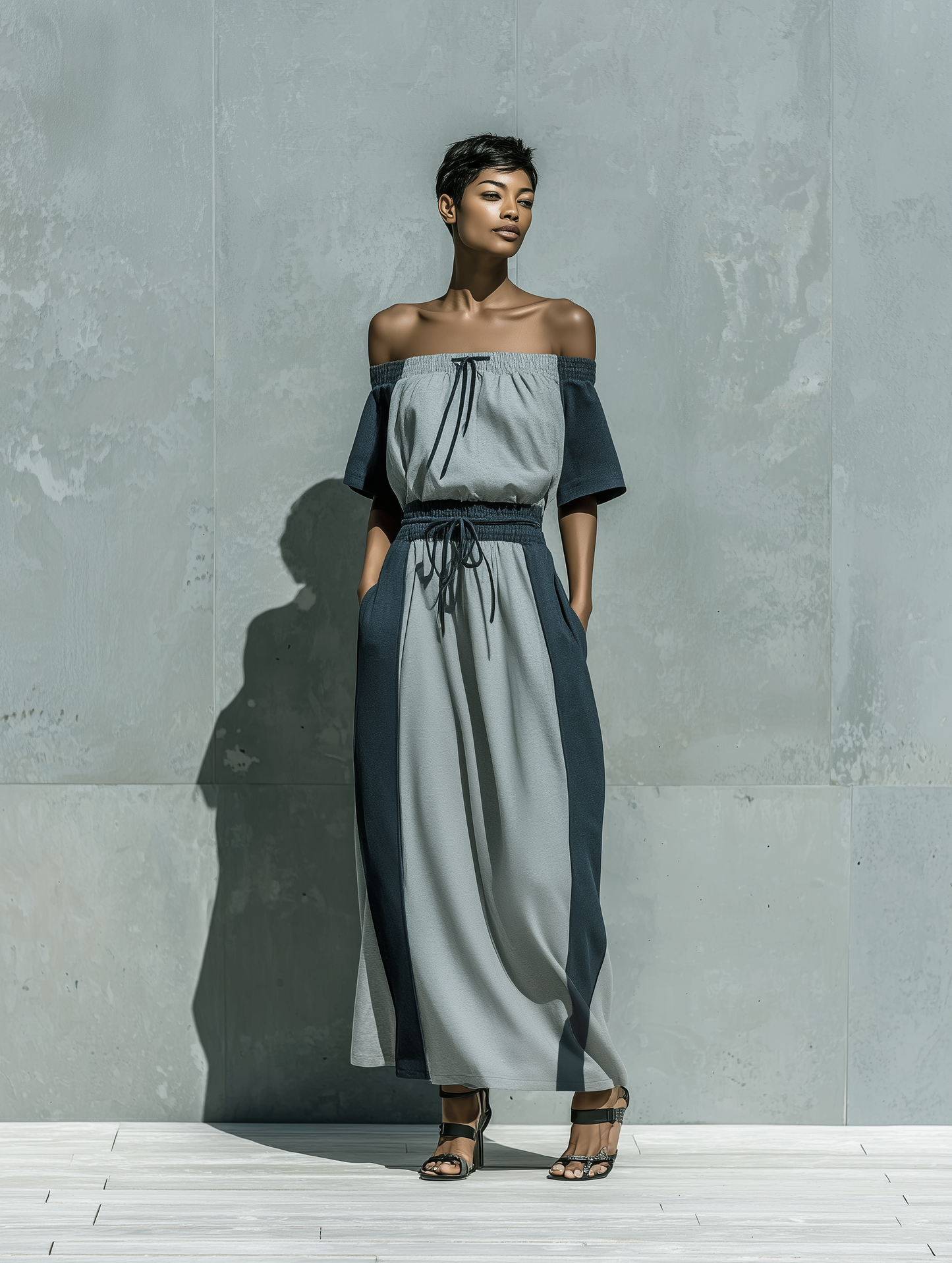 Women’s Two Tone Grey Off The Shoulder Short Sleeve Drawstring Waist Color Block Loose Maxi Dress With Side Pockets