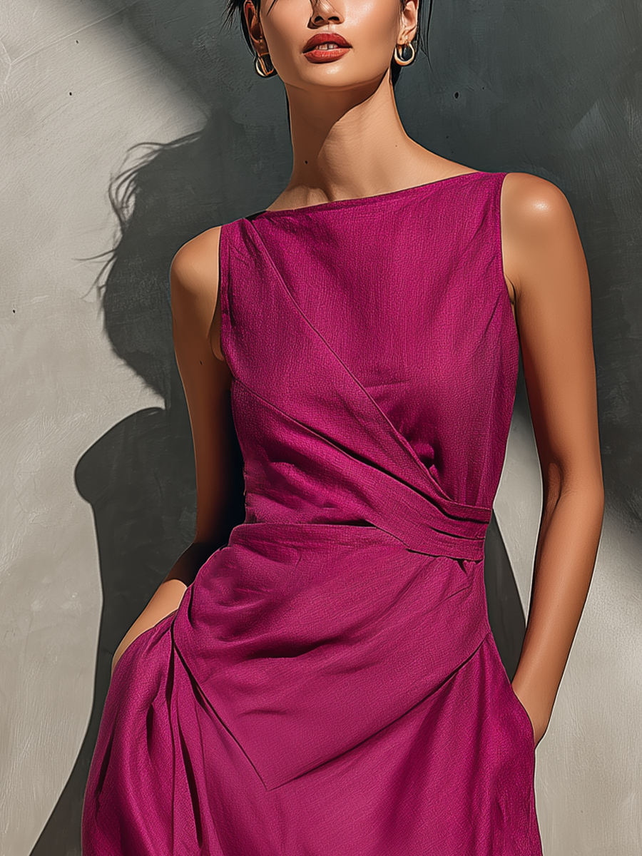Women’s Fuchsia Linen Sleeveless Boat Neck Cross Asymmetric Hem Midi Dress With Side Pockets