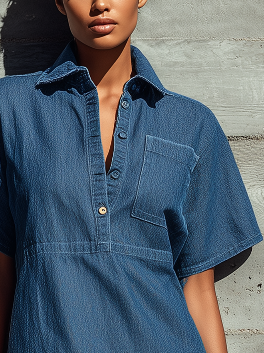 Women’s Vintage Blue Denim Collar Half Button Down Pocket Loose Frayed Hem Mini Shirt Dress