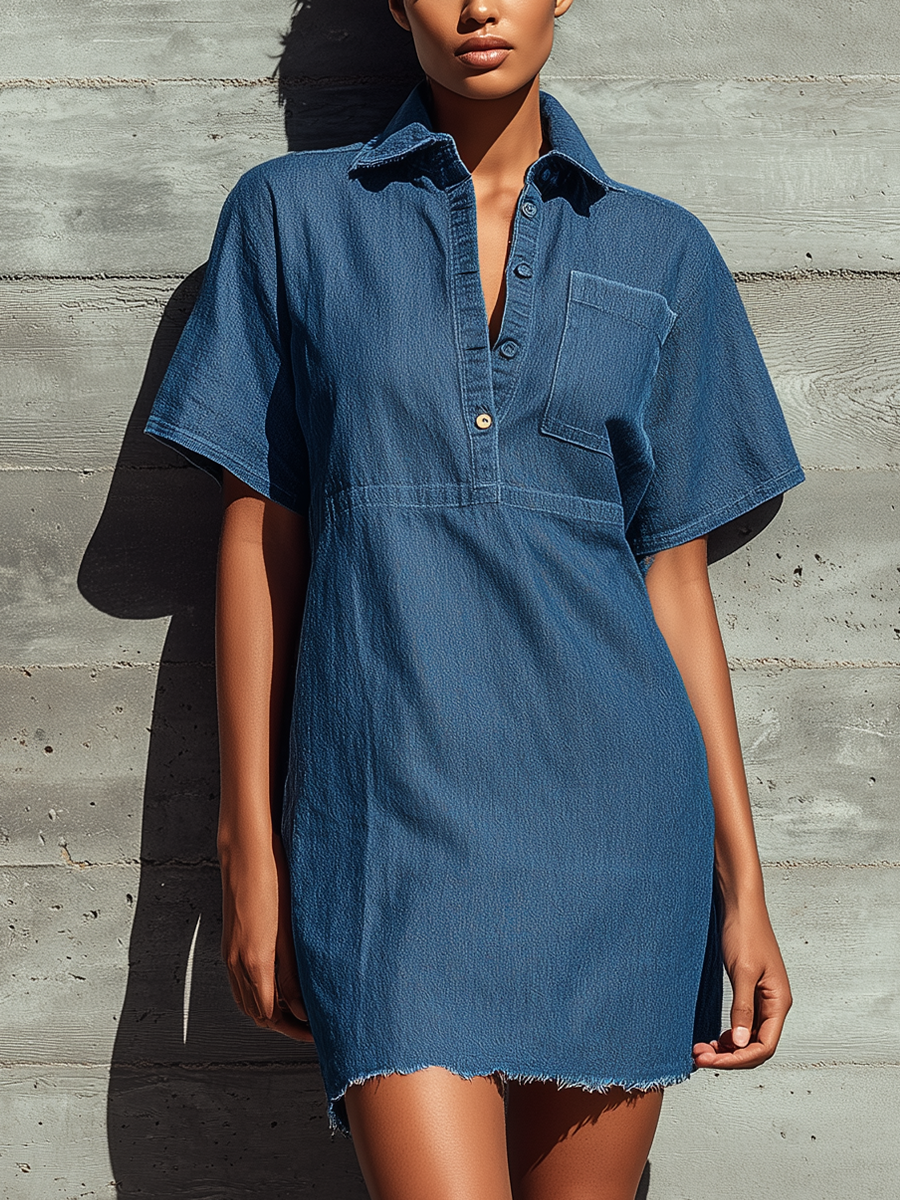 Women’s Vintage Blue Denim Collar Half Button Down Pocket Loose Frayed Hem Mini Shirt Dress