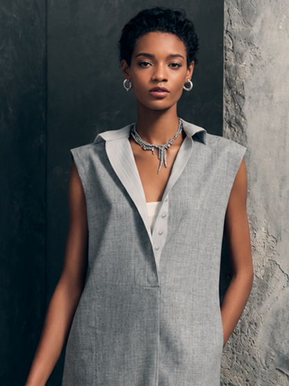 Women's Casual Light Gray Linen Cotton Lapel Half Placket Straight Mini Sleeveless Dress