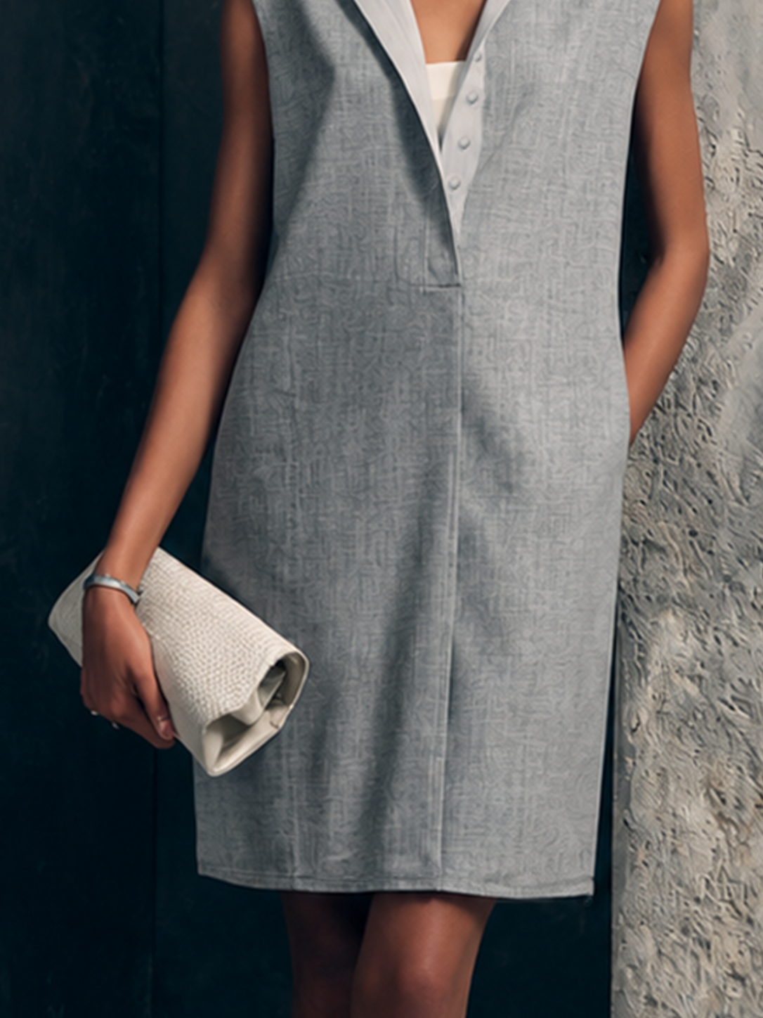 Women's Casual Light Gray Linen Cotton Lapel Half Placket Straight Mini Sleeveless Dress