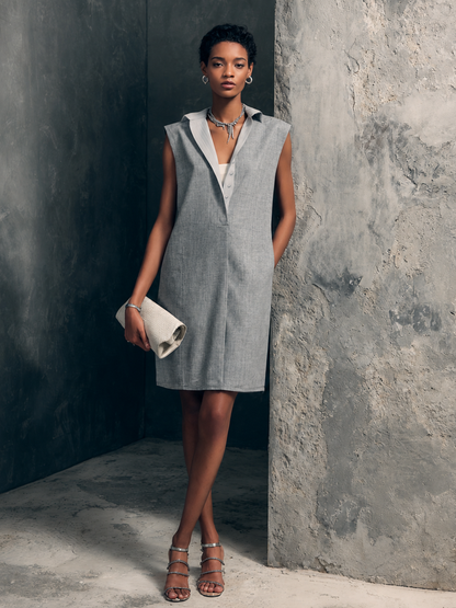 Women's Casual Light Gray Linen Cotton Lapel Half Placket Straight Mini Sleeveless Dress
