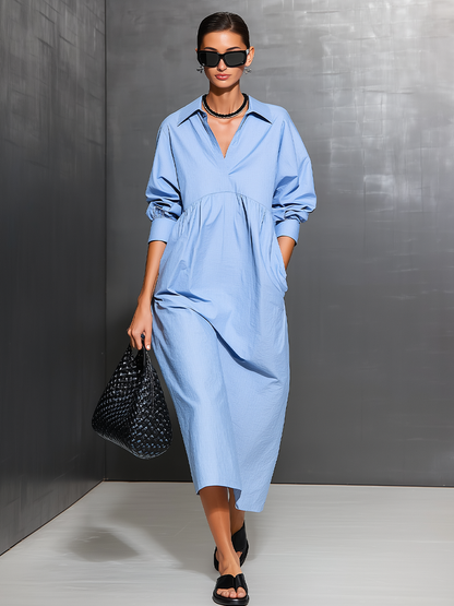 Women's Light Blue Cotton-Blend Oversized Dress With Puffed Cuff Long Sleeves & Side Pockets, Modern Effortless-Chic Daily Shirt Dress