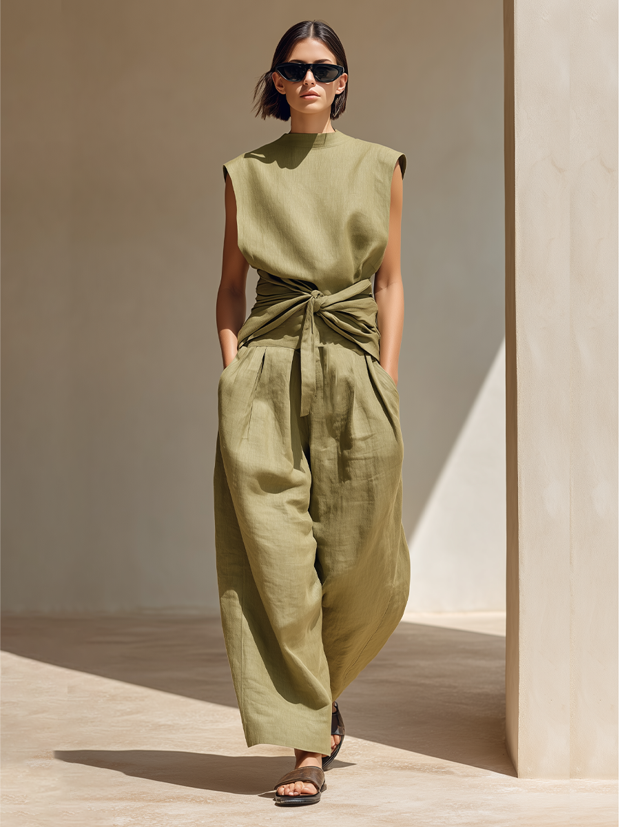 Women's Olive Green Linen Jumpsuit With Sleeveless Mock Neck & Front Waist Wrap Tie, Minimalist Resort Wide Leg Linen Jumpsuit