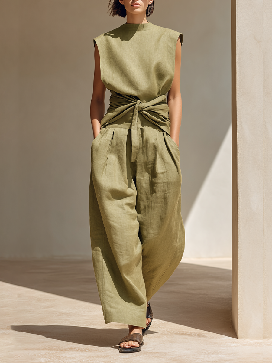 Women's Olive Green Linen Jumpsuit With Sleeveless Mock Neck & Front Waist Wrap Tie, Minimalist Resort Wide Leg Linen Jumpsuit