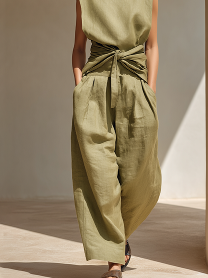 Women's Olive Green Linen Jumpsuit With Sleeveless Mock Neck & Front Waist Wrap Tie, Minimalist Resort Wide Leg Linen Jumpsuit