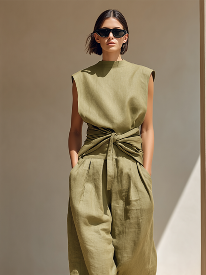 Women's Olive Green Linen Jumpsuit With Sleeveless Mock Neck & Front Waist Wrap Tie, Minimalist Resort Wide Leg Linen Jumpsuit