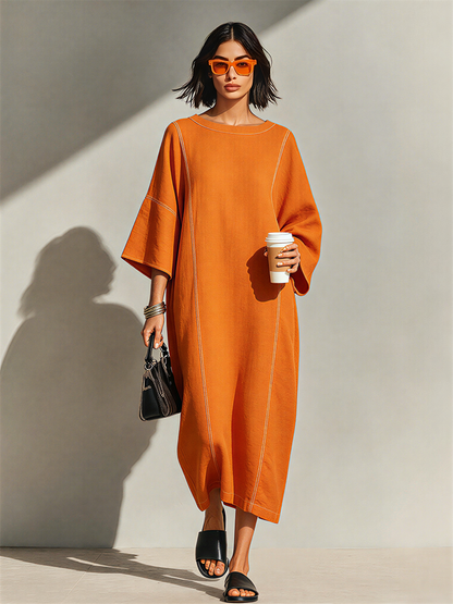 Women's Burnt Orange Linen Blend Maxi Dress With Contrast White Topstitch Seams & Dolman Three Quarter Sleeves, Minimalist Loose Loungewear Maxi Dress