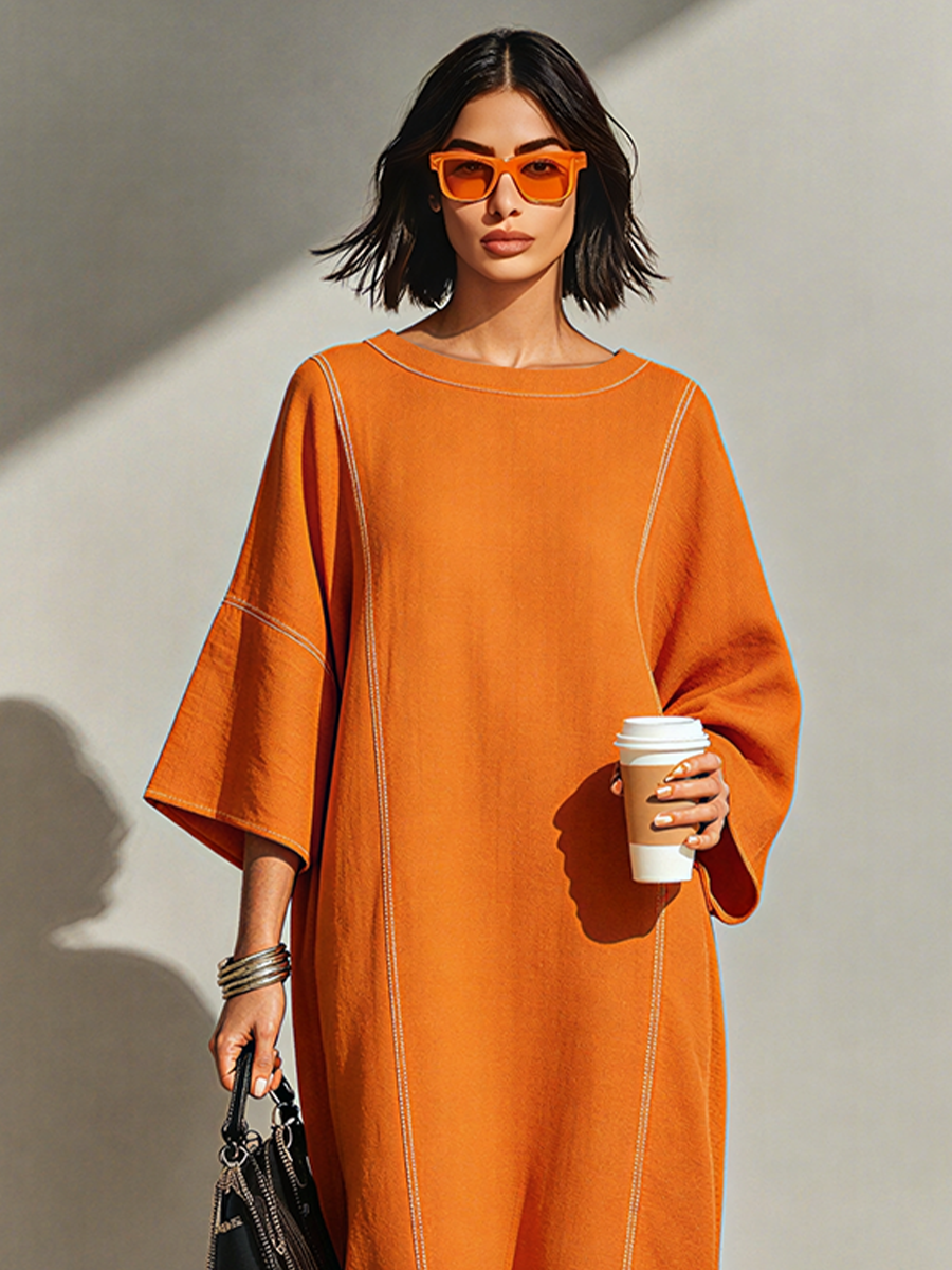 Women's Burnt Orange Linen Blend Maxi Dress With Contrast White Topstitch Seams & Dolman Three Quarter Sleeves, Minimalist Loose Loungewear Maxi Dress