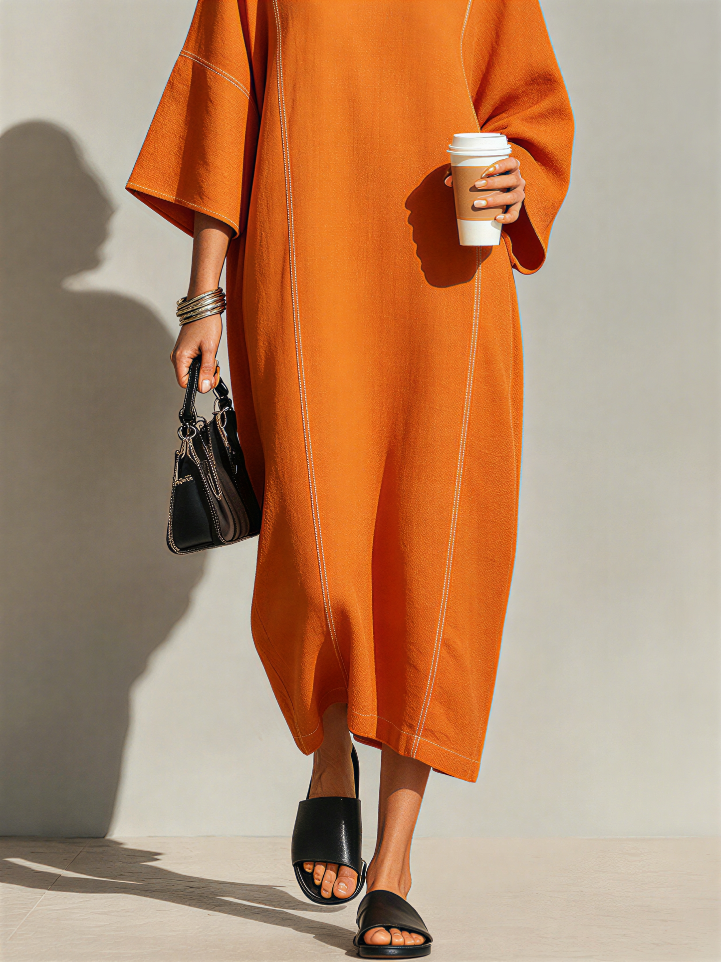 Women's Burnt Orange Linen Blend Maxi Dress With Contrast White Topstitch Seams & Dolman Three Quarter Sleeves, Minimalist Loose Loungewear Maxi Dress