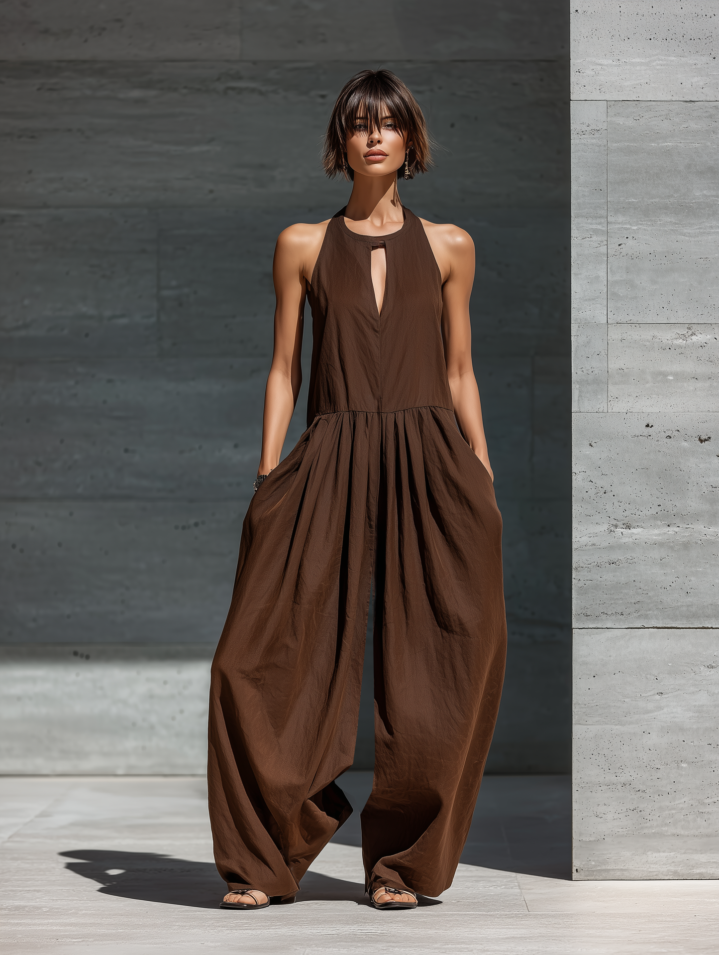 Women’s Casual Resort Wear Brown Sleeveless Keyhole Detail Pleated Waist Extra Wide Leg Pocket Jumpsuit