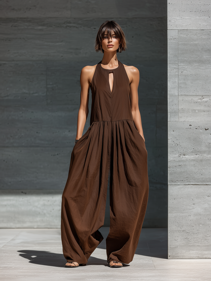 Women’s Casual Resort Wear Brown Sleeveless Keyhole Detail Pleated Waist Extra Wide Leg Pocket Jumpsuit