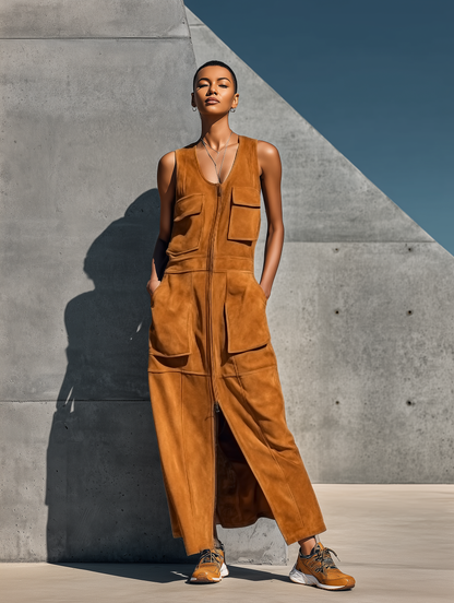 Women’s Camel Faux Suede Sleeveless U-Neck Full Front Zip Multi Patch Pockets Side Split Maxi Cargo Dress With Side Pockets