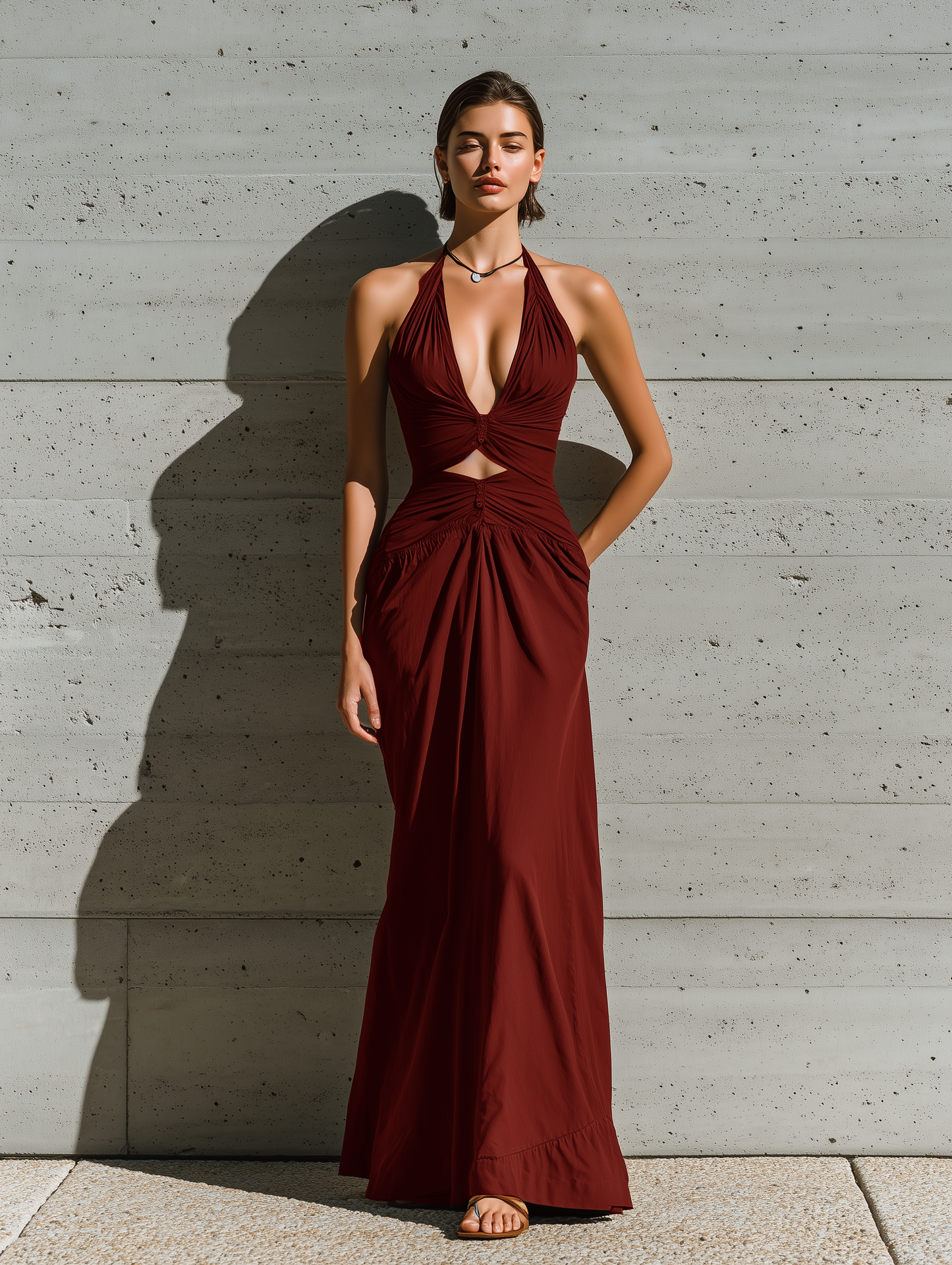 Women’s Burgundy Halter Deep V Twist Ruched Cutout Waist Side Pocket Maxi Dress