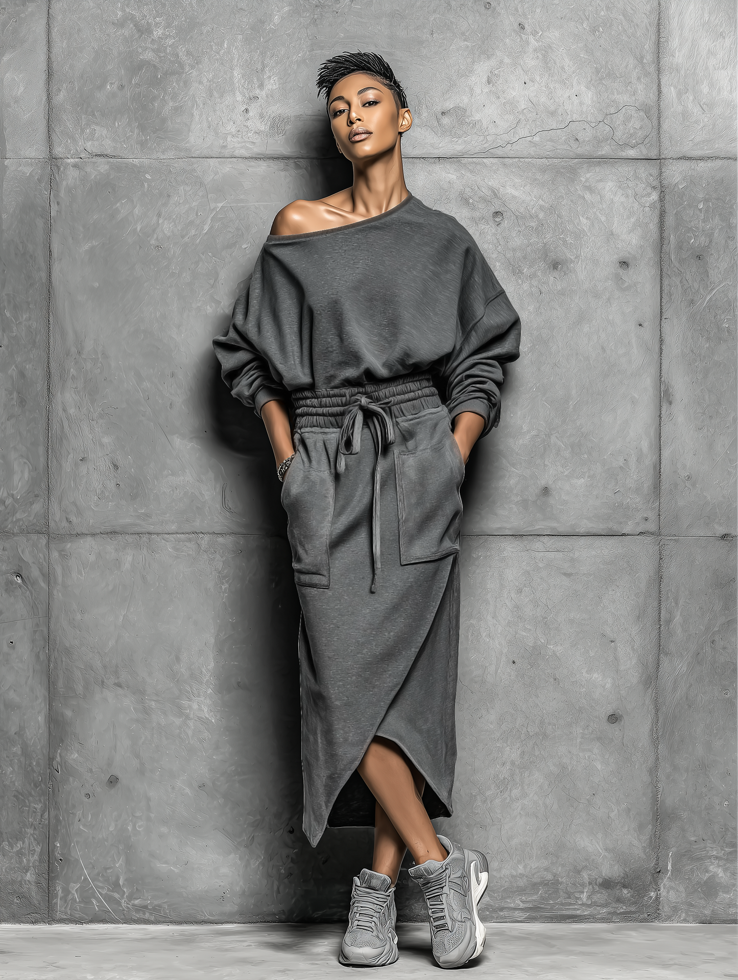 Women's Dark Grey Off-shoulder Sweatshirt-style Dress With A Drawstring Waist And Asymmetric Hem