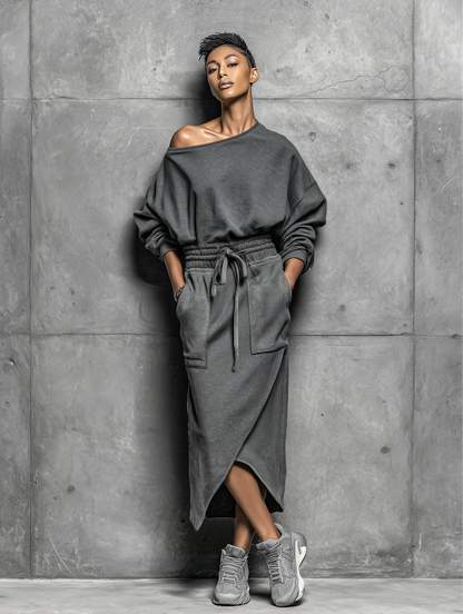 Women's Dark Grey Off-shoulder Sweatshirt-style Dress With A Drawstring Waist And Asymmetric Hem