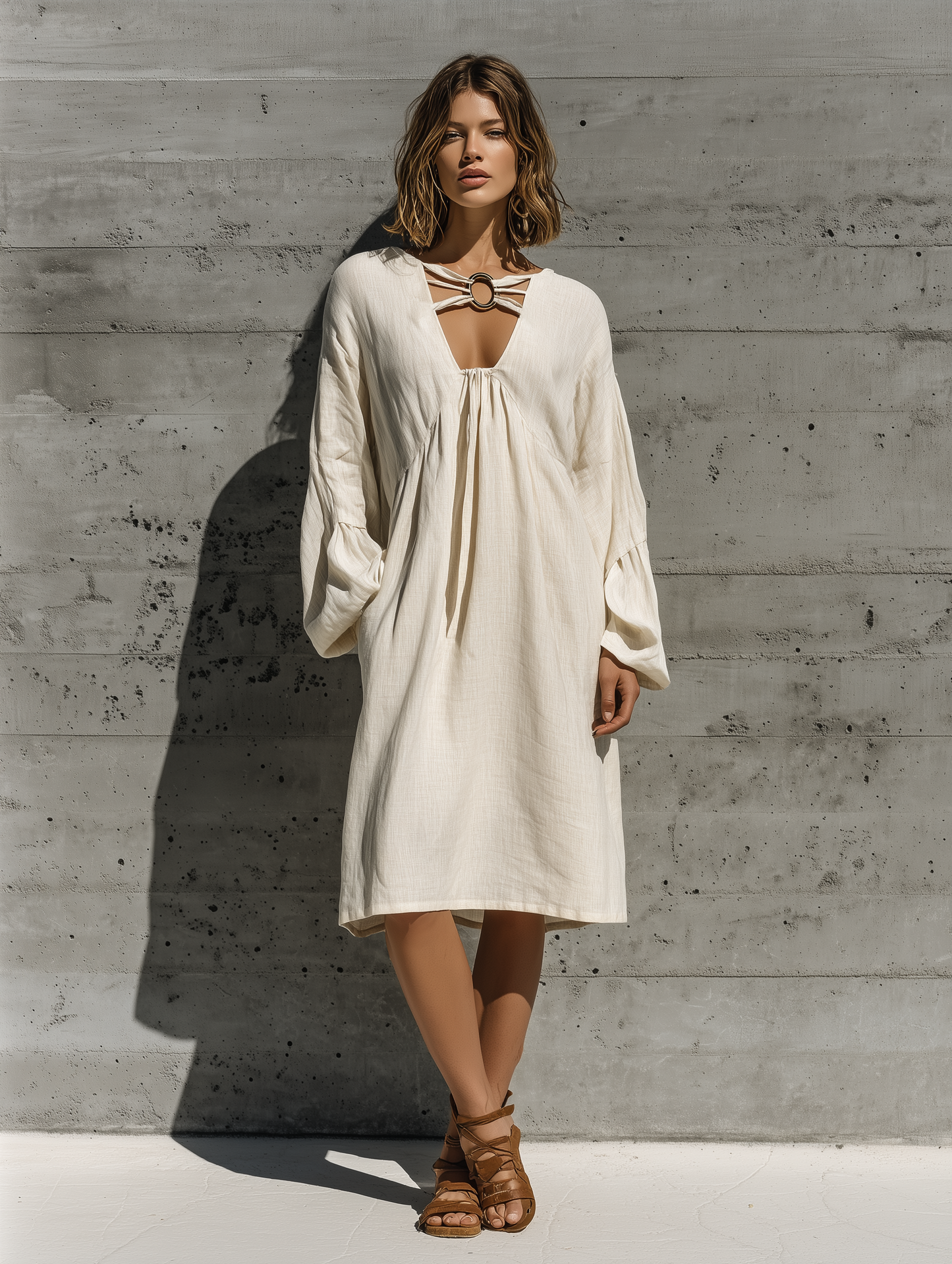 Women’s Resort Wear Beige Linen Oversized Long Bubble Sleeve Front Ring Cutout Flowy Midi Shift Dress