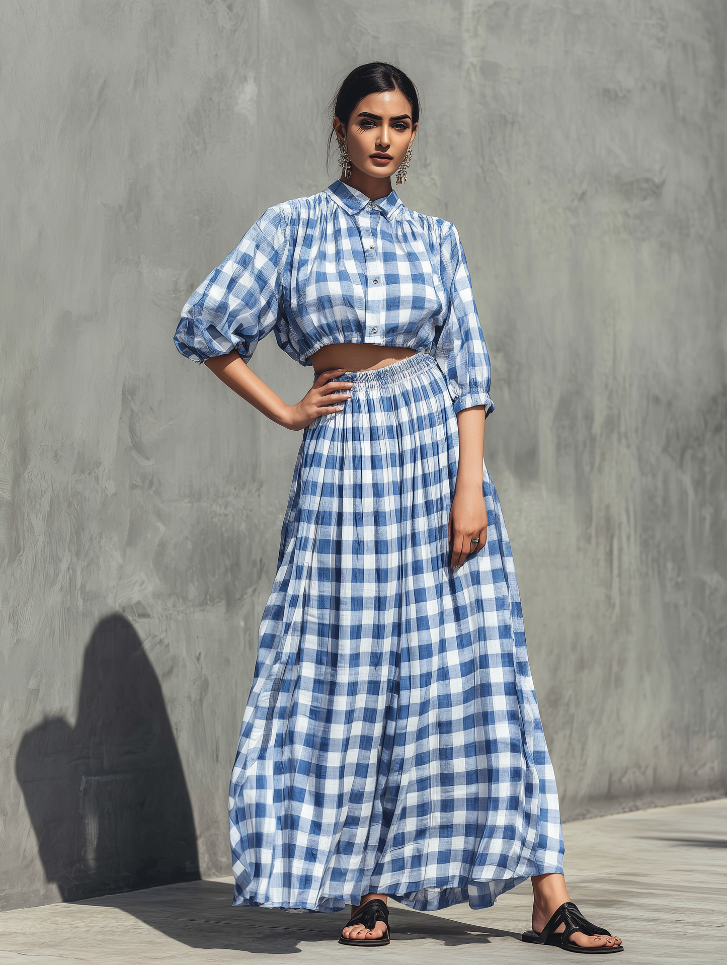 Women’s Blue White Gingham Plaid Lapel Collar Puff Half Sleeve Cropped Shirt & Elastic High Waist Flowy Maxi Skirt Two Piece Matching Set