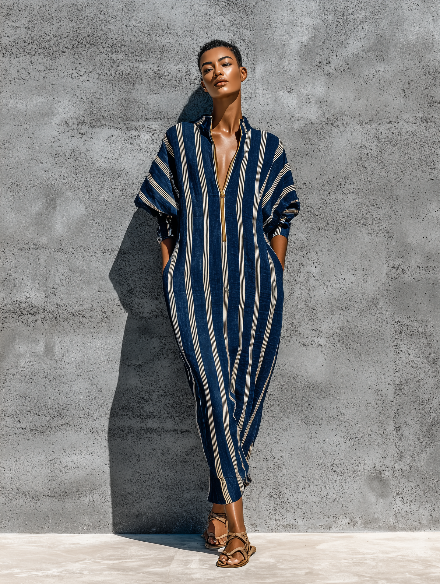 Women’s Navy White Vertical Stripe Linen Stand Collar Gold Half Zip Cuffed Batwing Sleeve Loose Midi Kaftan Dress With Side Pockets