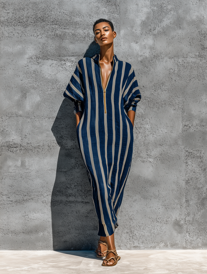Women’s Navy White Vertical Stripe Linen Stand Collar Gold Half Zip Cuffed Batwing Sleeve Loose Midi Kaftan Dress With Side Pockets