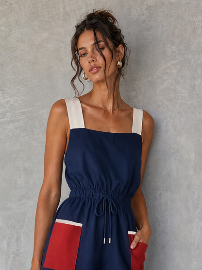 Women's Minimalist Casual Color-Block Drawstring-Waist Romper