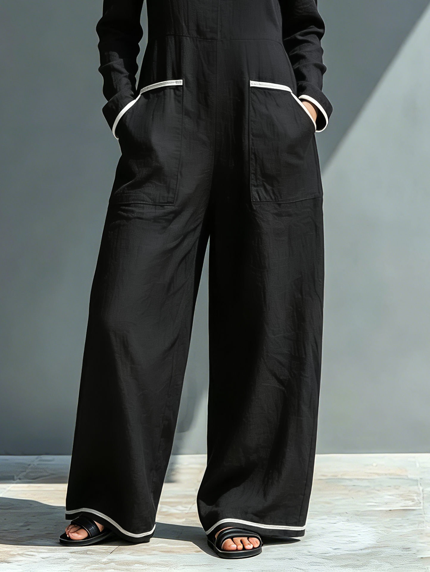 Women's Minimalist Casual Off-Shoulder Long-Sleeve Jumpsuit With White Trim