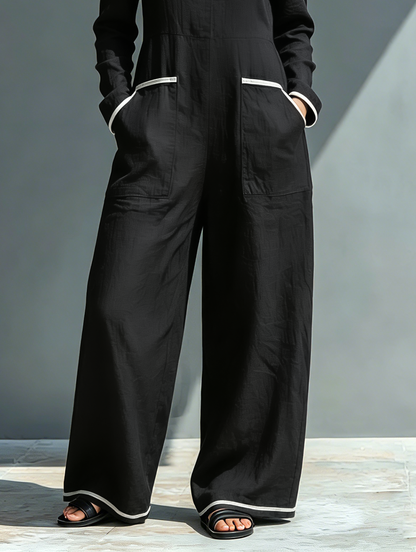 Women's Minimalist Casual Off-Shoulder Long-Sleeve Jumpsuit With White Trim