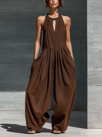 Women’s Casual Resort Wear Brown Sleeveless Keyhole Detail Pleated Waist Extra Wide Leg Pocket Jumpsuit