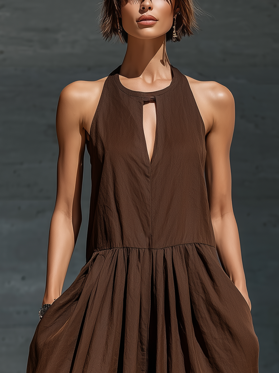 Women’s Casual Resort Wear Brown Sleeveless Keyhole Detail Pleated Waist Extra Wide Leg Pocket Jumpsuit
