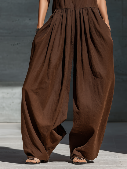 Women’s Casual Resort Wear Brown Sleeveless Keyhole Detail Pleated Waist Extra Wide Leg Pocket Jumpsuit