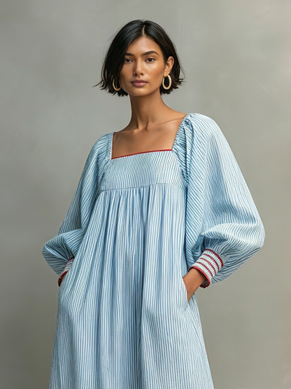 Women's Two-way Wear Design Minimalist Striped Mini Dress Featuring Red-trimmed Lantern Sleeves