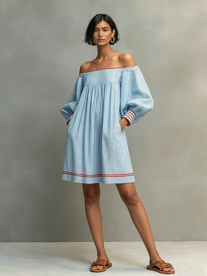 Women's Two-way Wear Design Minimalist Striped Mini Dress Featuring Red-trimmed Lantern Sleeves