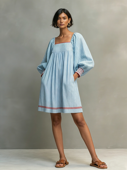 Women's Two-way Wear Design Minimalist Striped Mini Dress Featuring Red-trimmed Lantern Sleeves