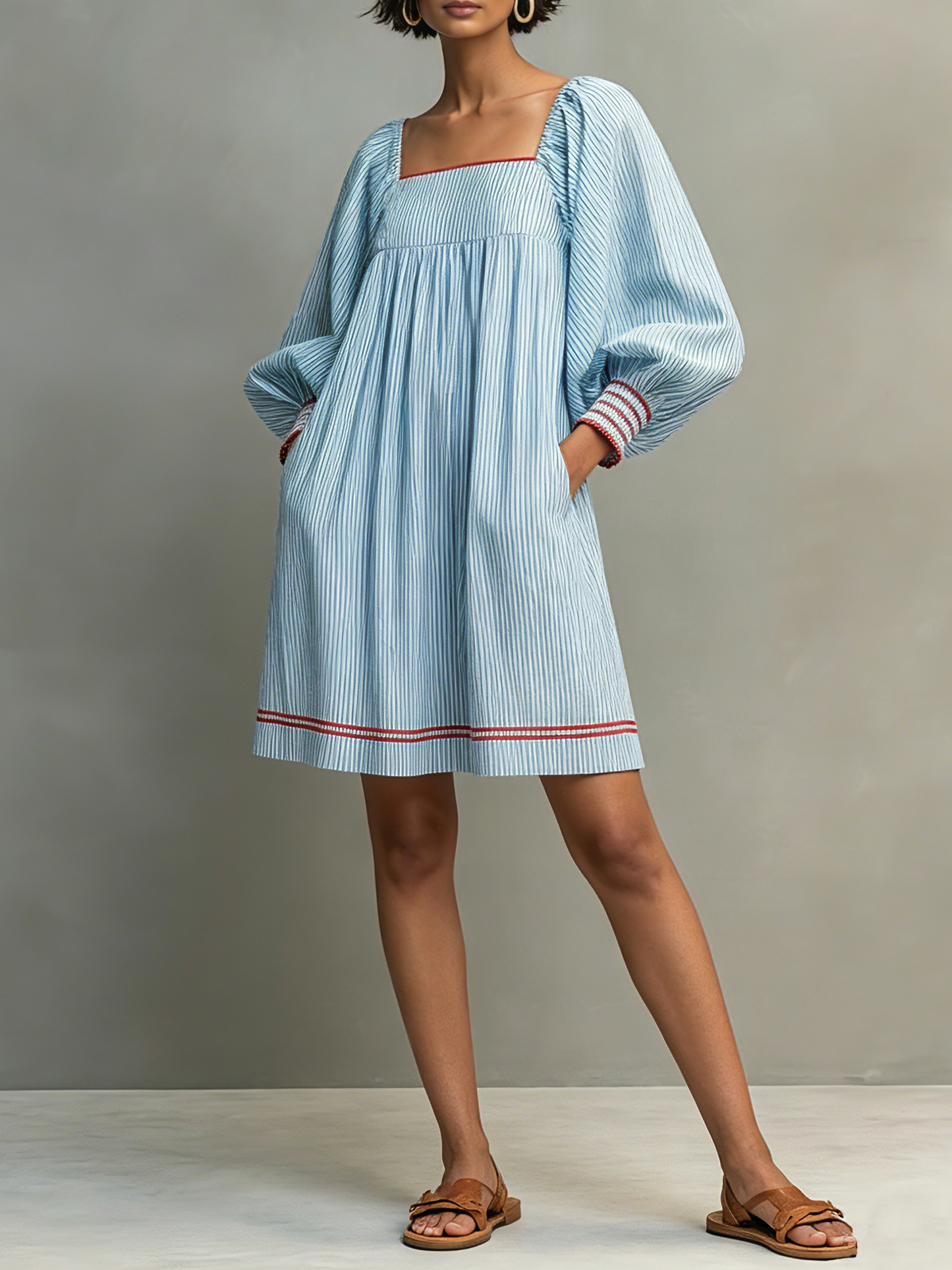 Women's Two-way Wear Design Minimalist Striped Mini Dress Featuring Red-trimmed Lantern Sleeves
