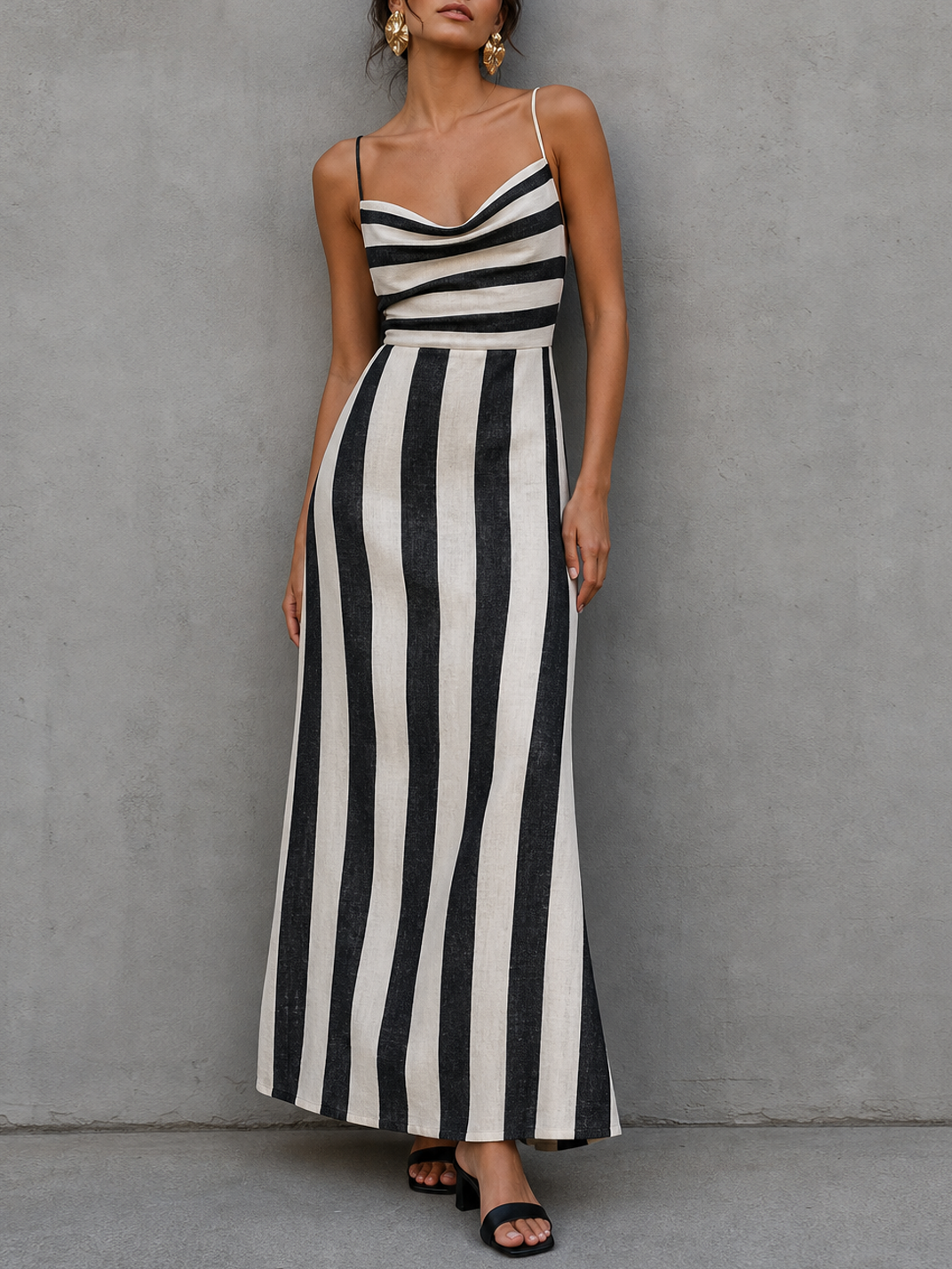 Women's Minimalist Striped Print Spaghetti Strap Cowl Neck Maxi Dress
