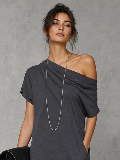 Women's Minimalist Stretch Knit One-Shoulder Short-Sleeve Straight-Cut Mini Dress