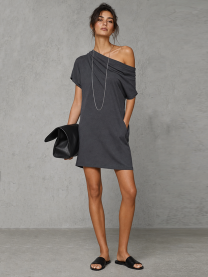 Women's Minimalist Stretch Knit One-Shoulder Short-Sleeve Straight-Cut Mini Dress