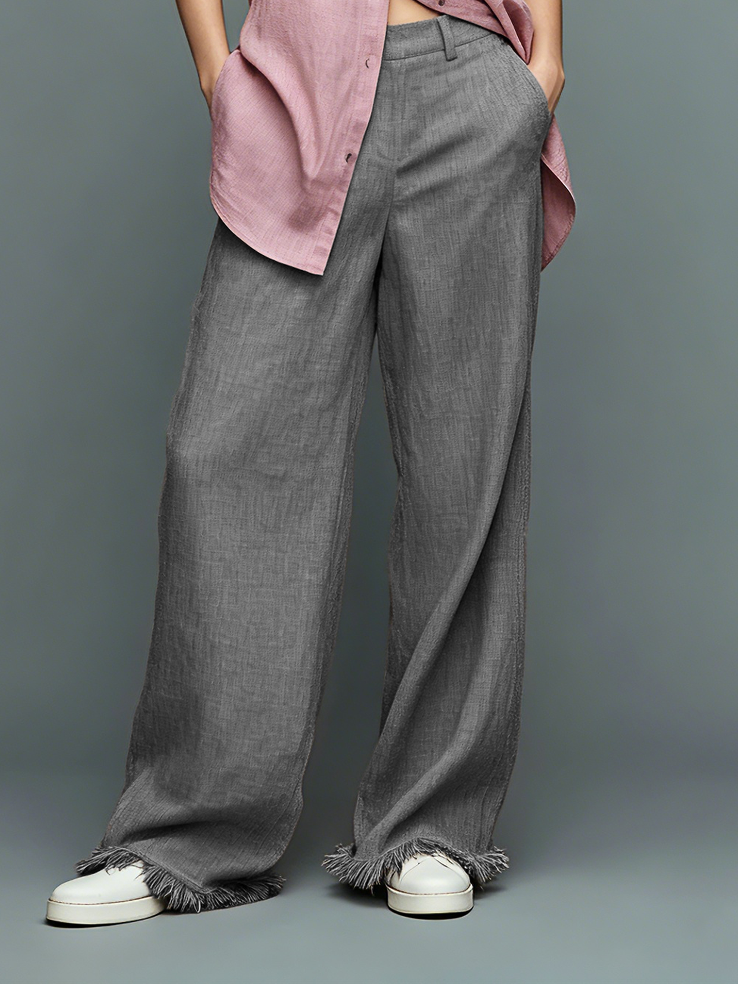 Women's Minimalist Linen-Blend Sleeveless Shirt And Straight-Leg Trousers Set With Fringed Hem