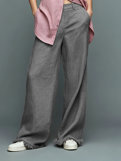 Women's Minimalist Linen-Blend Sleeveless Shirt And Straight-Leg Trousers Set With Fringed Hem