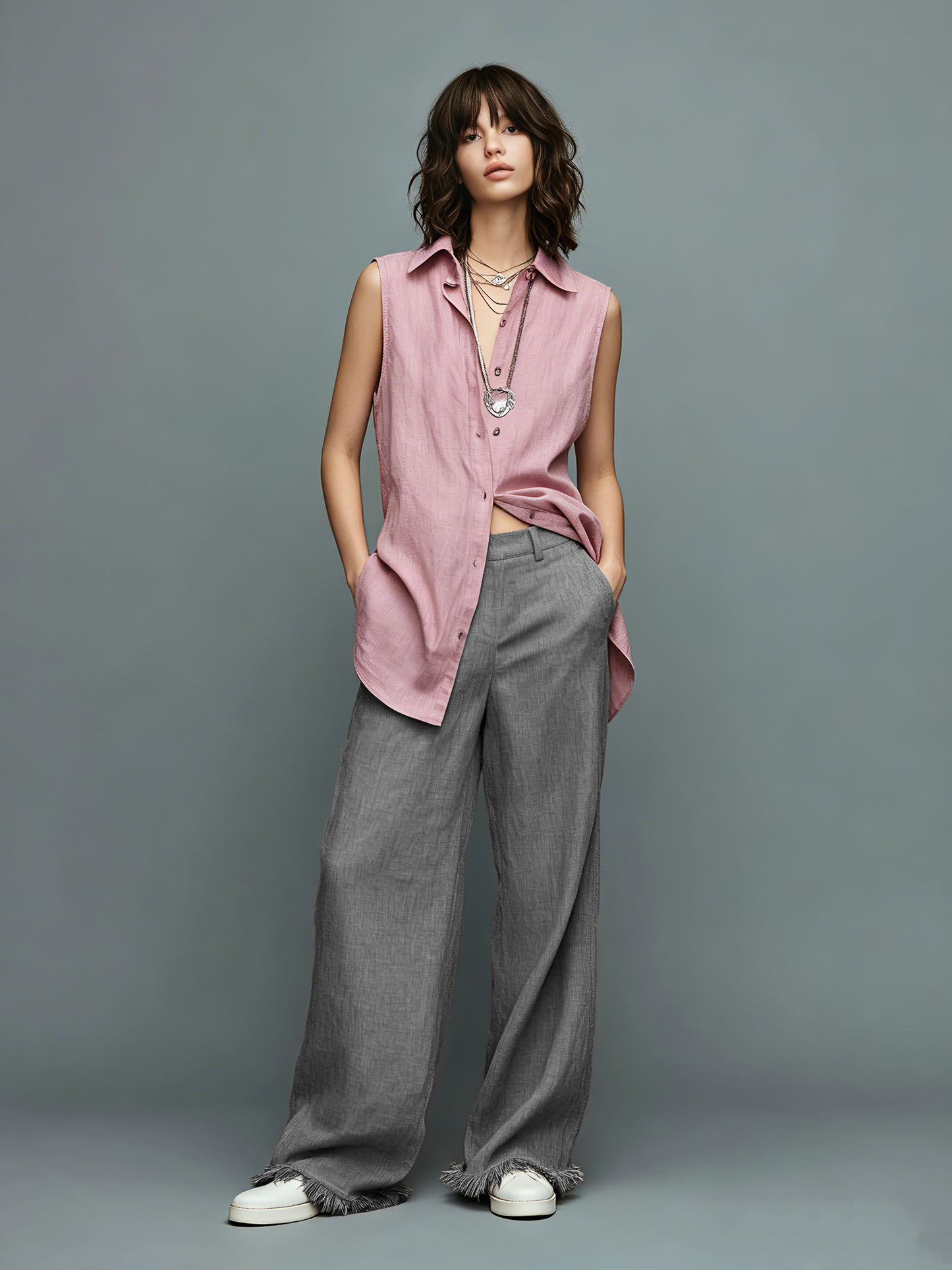 Women's Minimalist Linen-Blend Sleeveless Shirt And Straight-Leg Trousers Set With Fringed Hem