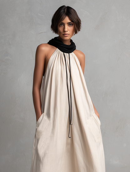 Women's Minimalist Color-Block Sleeveless Maxi Dress With Embroidered Hem