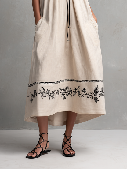 Women's Minimalist Color-Block Sleeveless Maxi Dress With Embroidered Hem