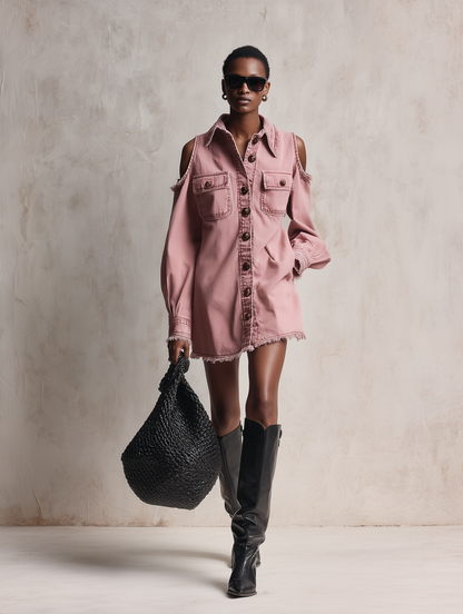 Women's Fashion Off-Shoulder Long-Sleeve Raw-Hem Denim Mini Dress