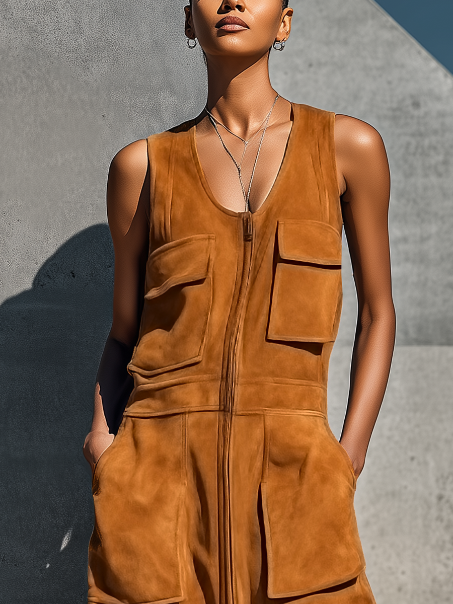 Women’s Camel Faux Suede Sleeveless U-Neck Full Front Zip Multi Patch Pockets Side Split Maxi Cargo Dress With Side Pockets