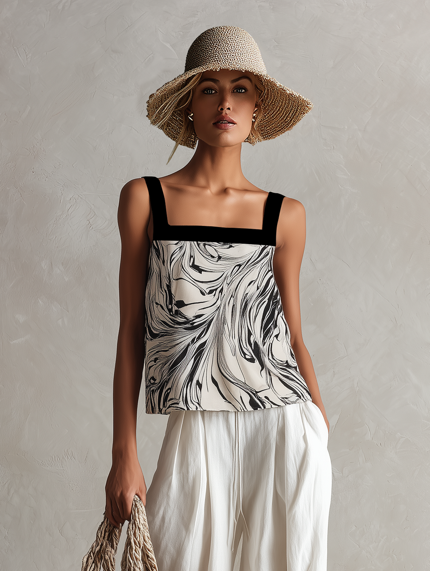 Women's Minimalist Marble-Print Sleeveless Tank Top And Linen-Blend Wide-Leg Pants Set