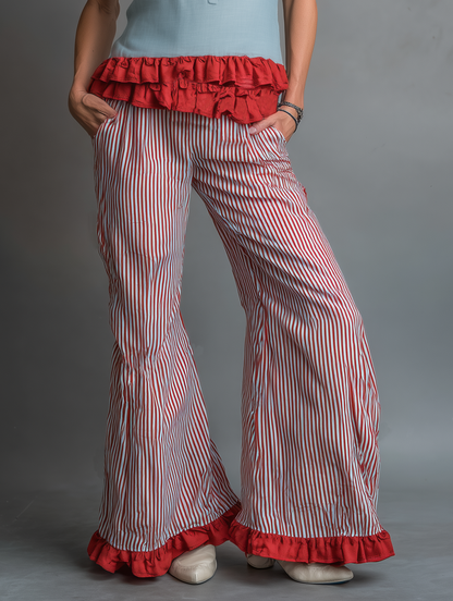 Women's Minimalist Camisole And Wide-leg Trousers Set With A Striped, Ruffled Hem