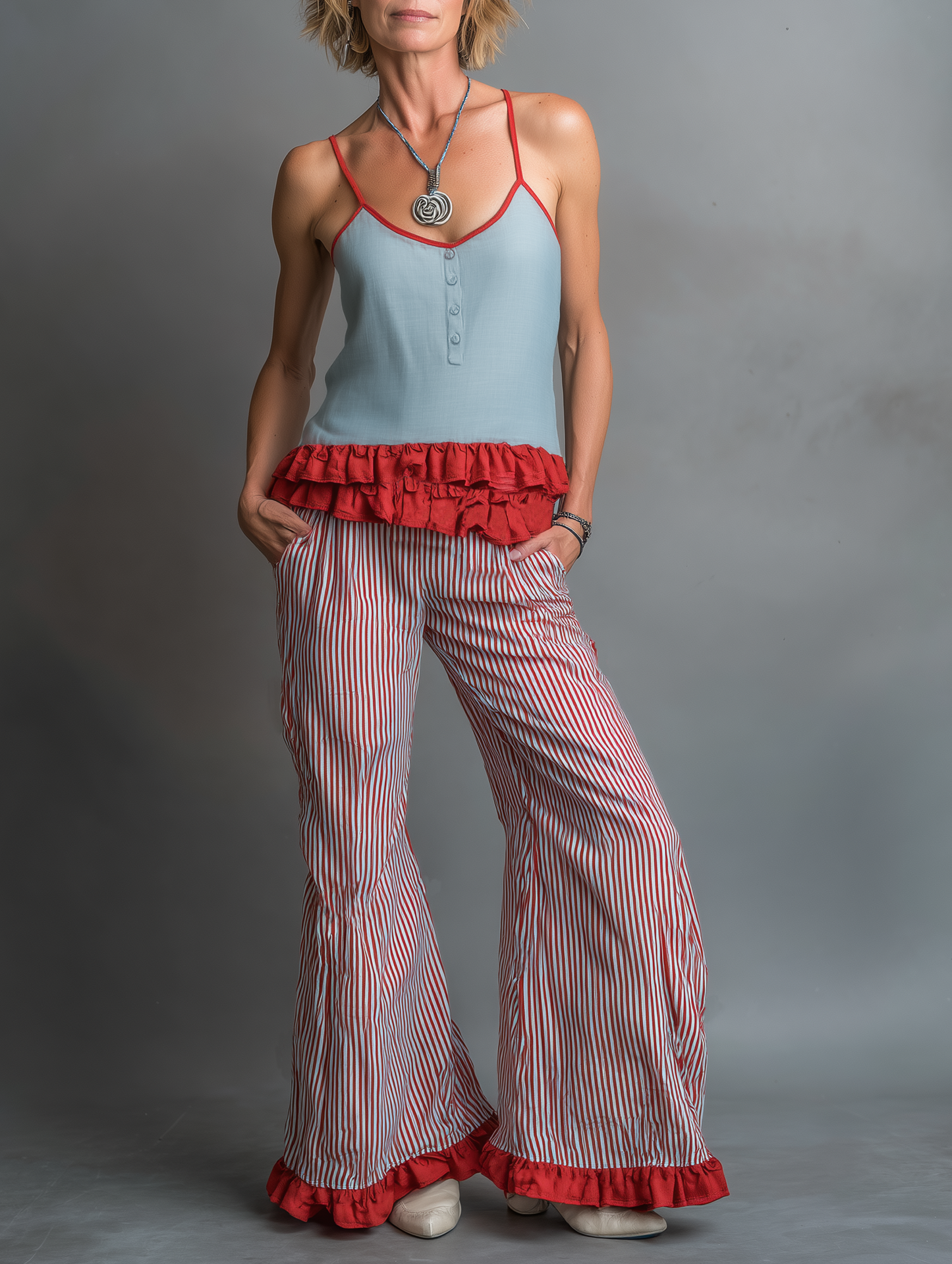 Women's Minimalist Camisole And Wide-leg Trousers Set With A Striped, Ruffled Hem