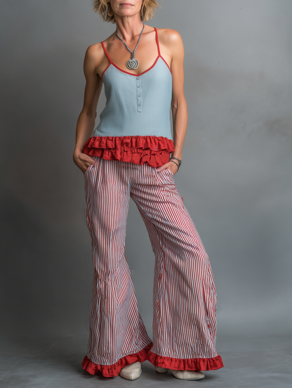 Women's Minimalist Camisole And Wide-leg Trousers Set With A Striped, Ruffled Hem