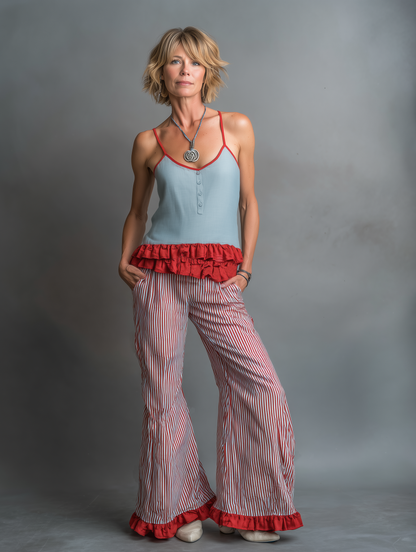 Women's Minimalist Camisole And Wide-leg Trousers Set With A Striped, Ruffled Hem